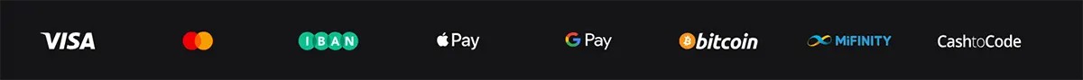 Payment methods banner displaying Visa, Mastercard, IBAN, Apple Pay, Google Pay, Bitcoin, MiFinity, and CashtoCode logos on a dark background.
