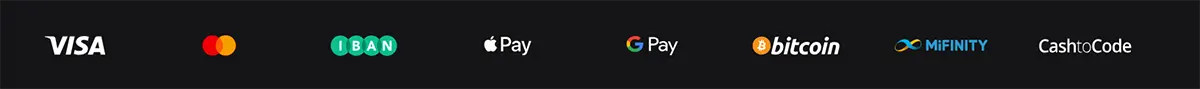 Payment methods banner displaying Visa, Mastercard, IBAN, Apple Pay, Google Pay, Bitcoin, MiFinity, and CashtoCode logos on a dark background.