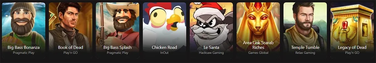 Casino game thumbnails featuring Big Bass Bonanza, Book of Dead, Big Bass Splash, Chicken Road, Le Santa, Area Link Scarab Riches, Temple Tumble, and Legacy of Dead on a dark interface.