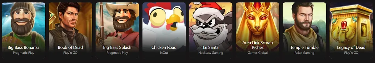 Casino game thumbnails featuring Big Bass Bonanza, Book of Dead, Big Bass Splash, Chicken Road, Le Santa, Area Link Scarab Riches, Temple Tumble, and Legacy of Dead on a dark interface.