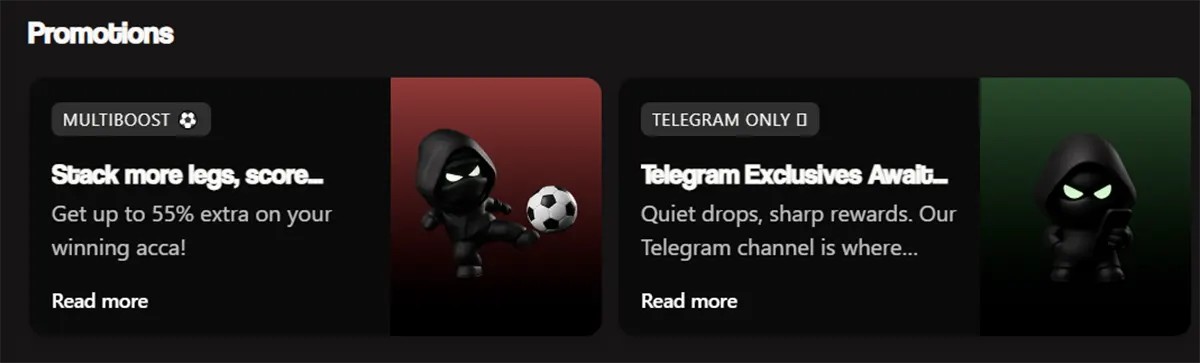 Casino promotions section with two dark promo cards, one for a multiboost football offer and one for Telegram-only rewards, both featuring ninja mascot artwork.