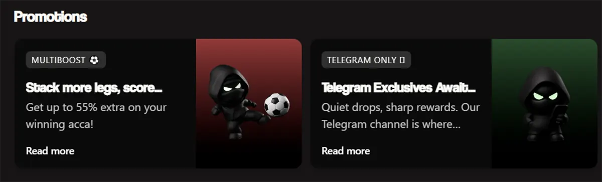 Casino promotions section with two dark promo cards, one for a multiboost football offer and one for Telegram-only rewards, both featuring ninja mascot artwork.