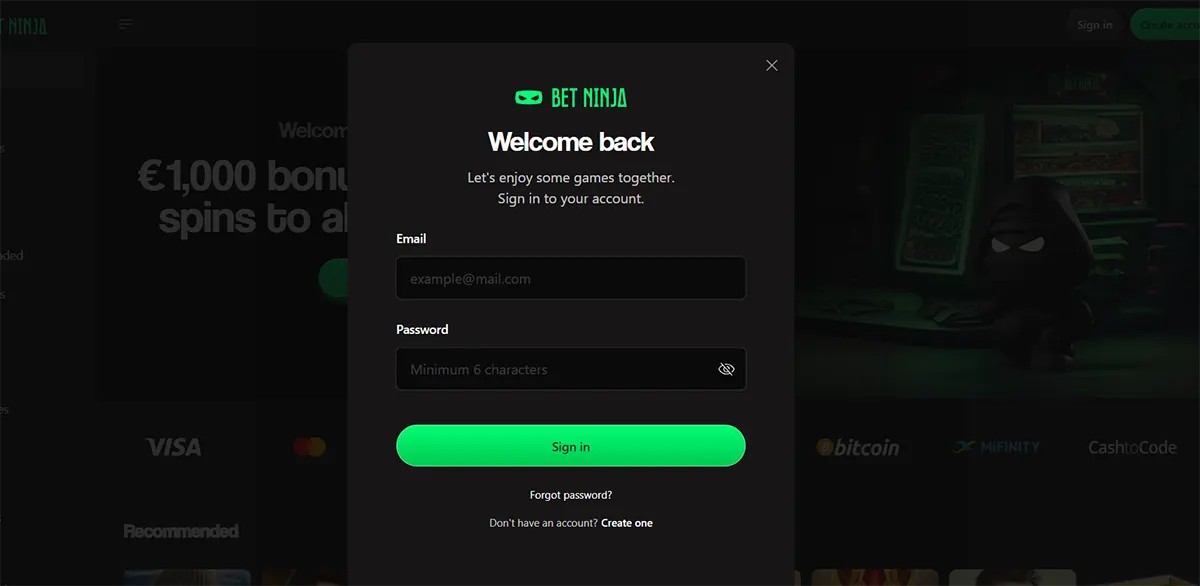 Bet Ninja login popup with email and password fields, a bright green sign-in button, and a dark blurred casino background.