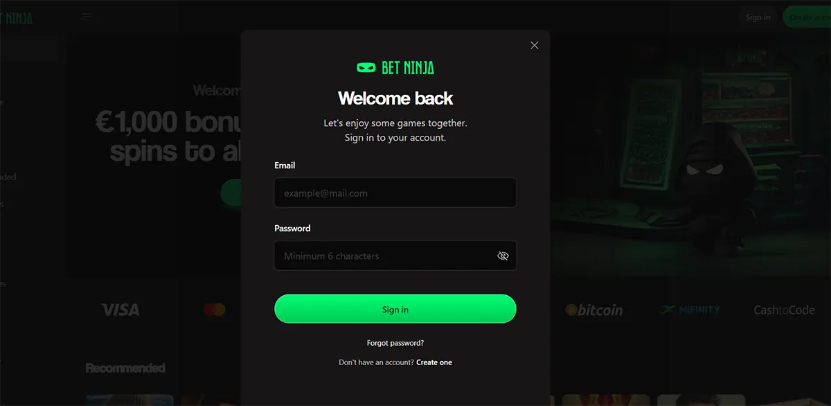 Bet Ninja login popup with email and password fields, a bright green sign-in button, and a dark blurred casino background.
